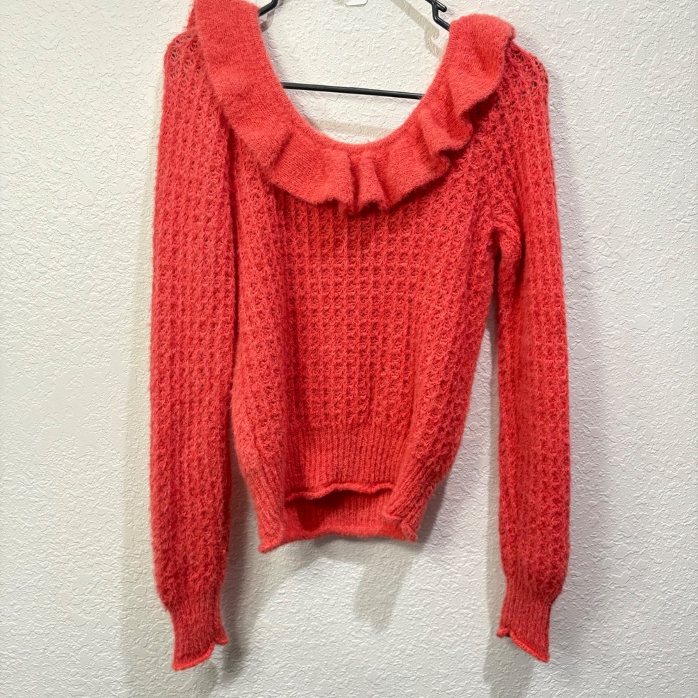 Anthropologie Women Ruffle Boat Neck Fuzzy Knit Sweater Coral Cottagecore Small - Picture 3 of 6